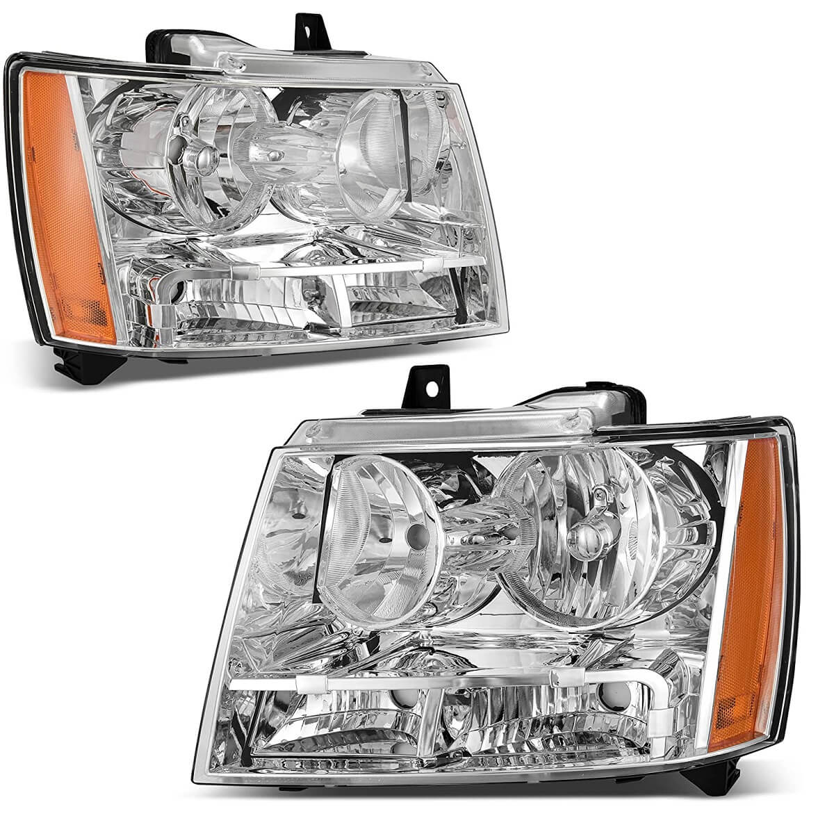 2007-2013 Chevy Avalanche/Suburban/Tahoe halogen headlight assemblies with chrome housing, amber reflector, and clear lens
