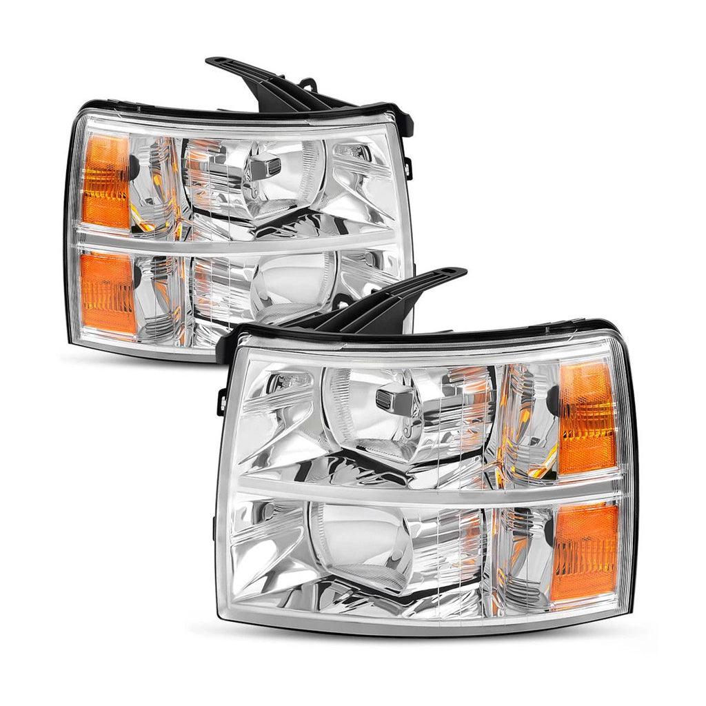 2007-2014 Chevy Silverado headlight with chrome housing, amber reflector and clear lens