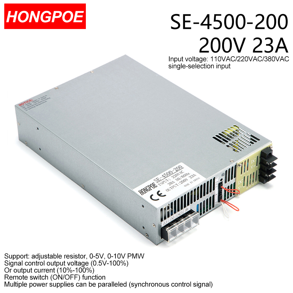 200V 23A 4500W SMPS CE Certified Adjustable AC-DC Power Supply with 0-5V/0-10V PLC/PMW Signal Control, 0-200V Regulator, 200V 23A Power Supply
