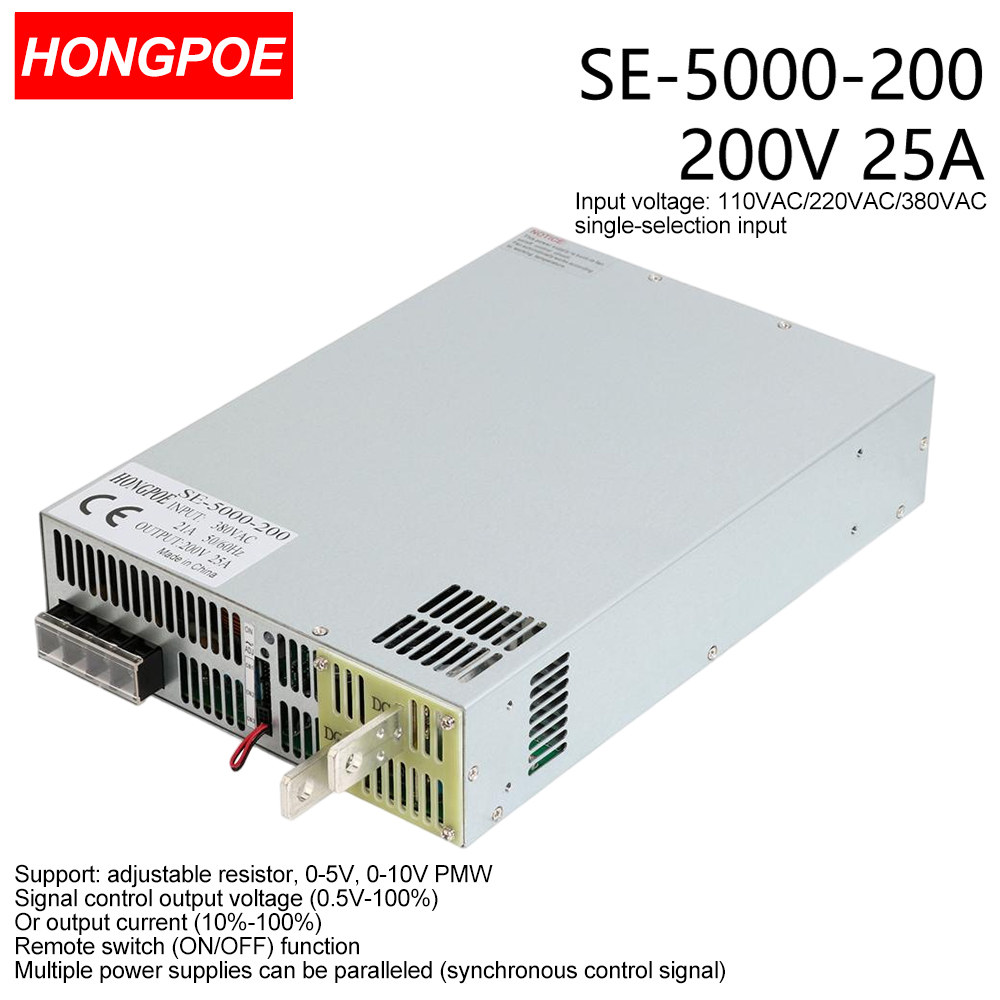 200V 25A 5000W SMPS CE Certified Adjustable AC-DC Power Supply with 0-5V/0-10V PLC/PMW Signal Control, 0-200V Regulator, 200V 25A Power Supply