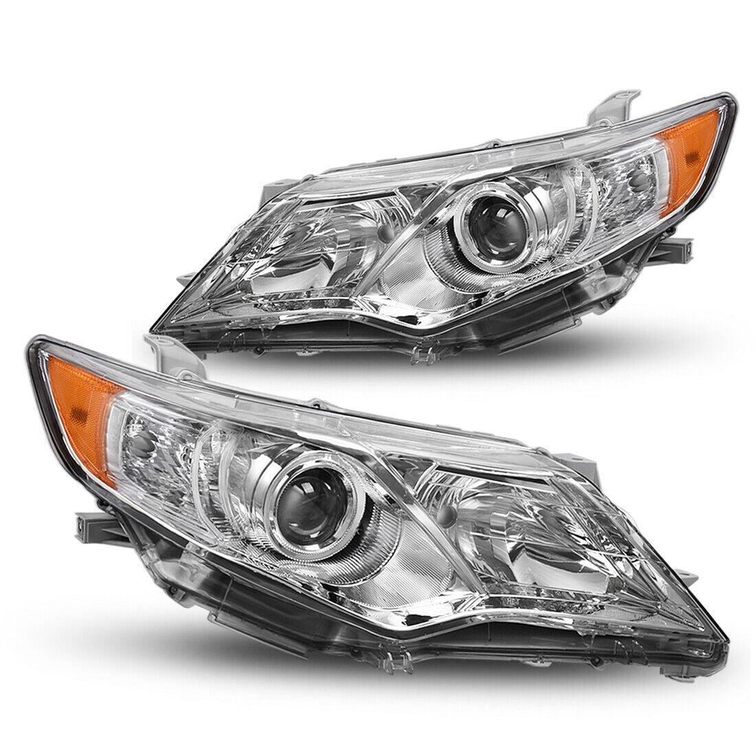 2012-2014 Toyota Camry headlight assembly with chrome housing, amber reflectors, and H11/9005 projector bulbs