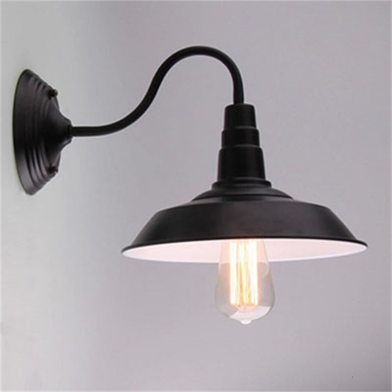 2021 Vintage LED Wall Light with E27 Edison Bulb, Retro Iron Painted Black Shade Cover in American Old Style