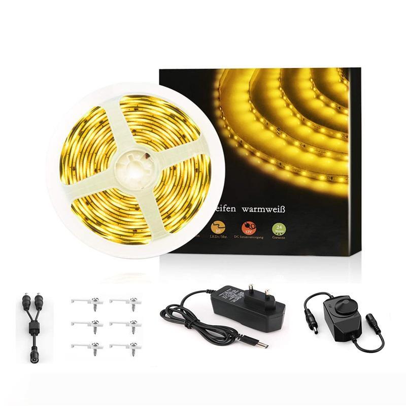 20m waterproof warm white LED strip with 2835 LEDs, 5A adapter, and dimmer included