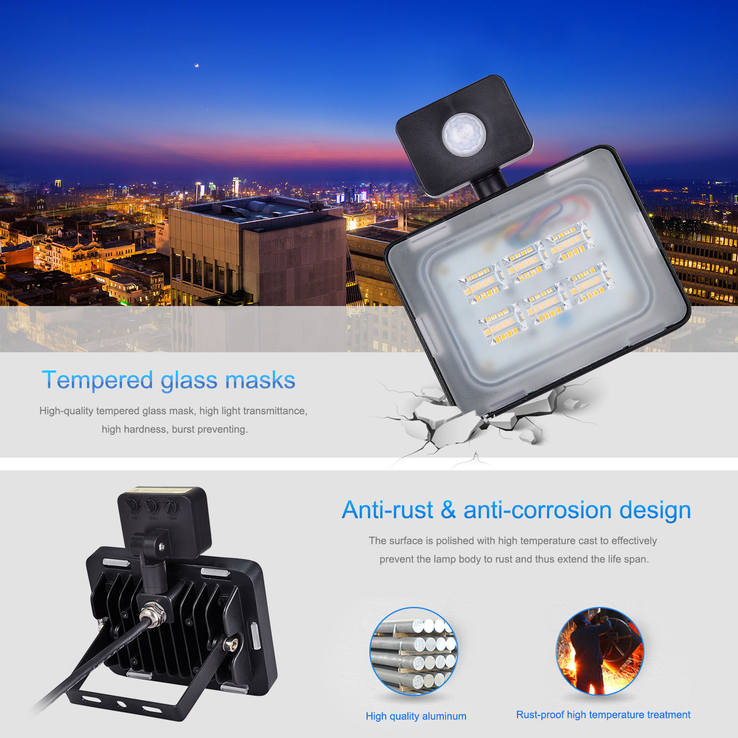 20W LED floodlight with SMD technology, AC110-120V input, IP65 waterproof rating for outdoor street and landscape lighting in warm white