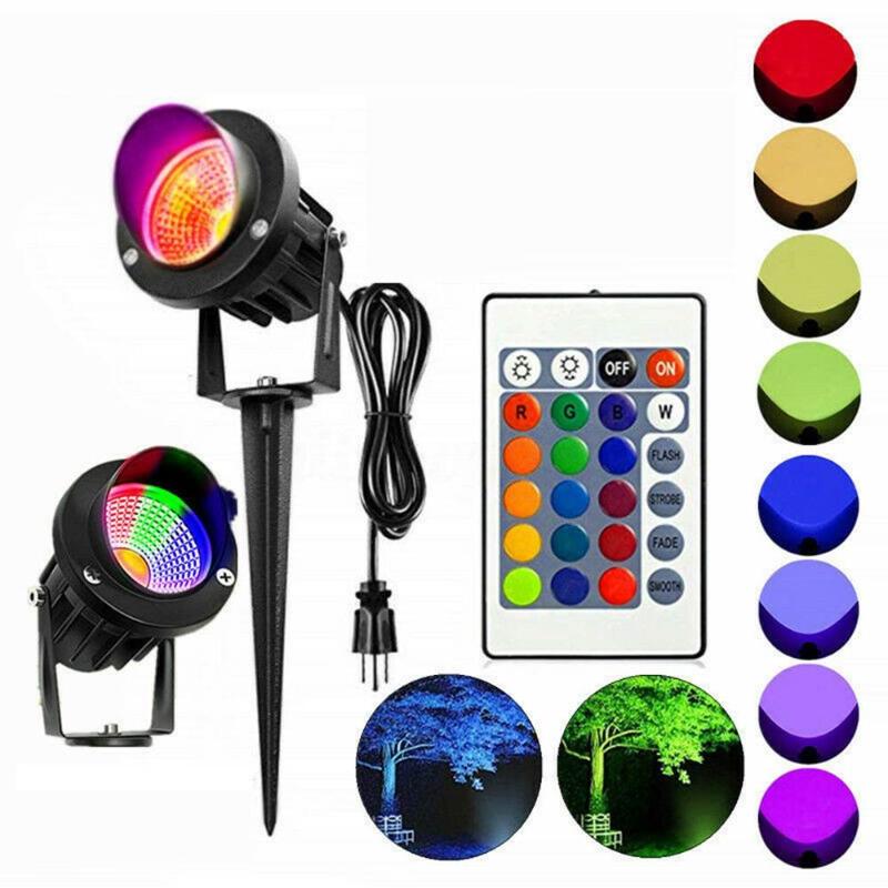20W RGB LED garden spotlight with remote, waterproof IP65 rating, AC85-265V compatible, EU/US plug for outdoor landscape lighting