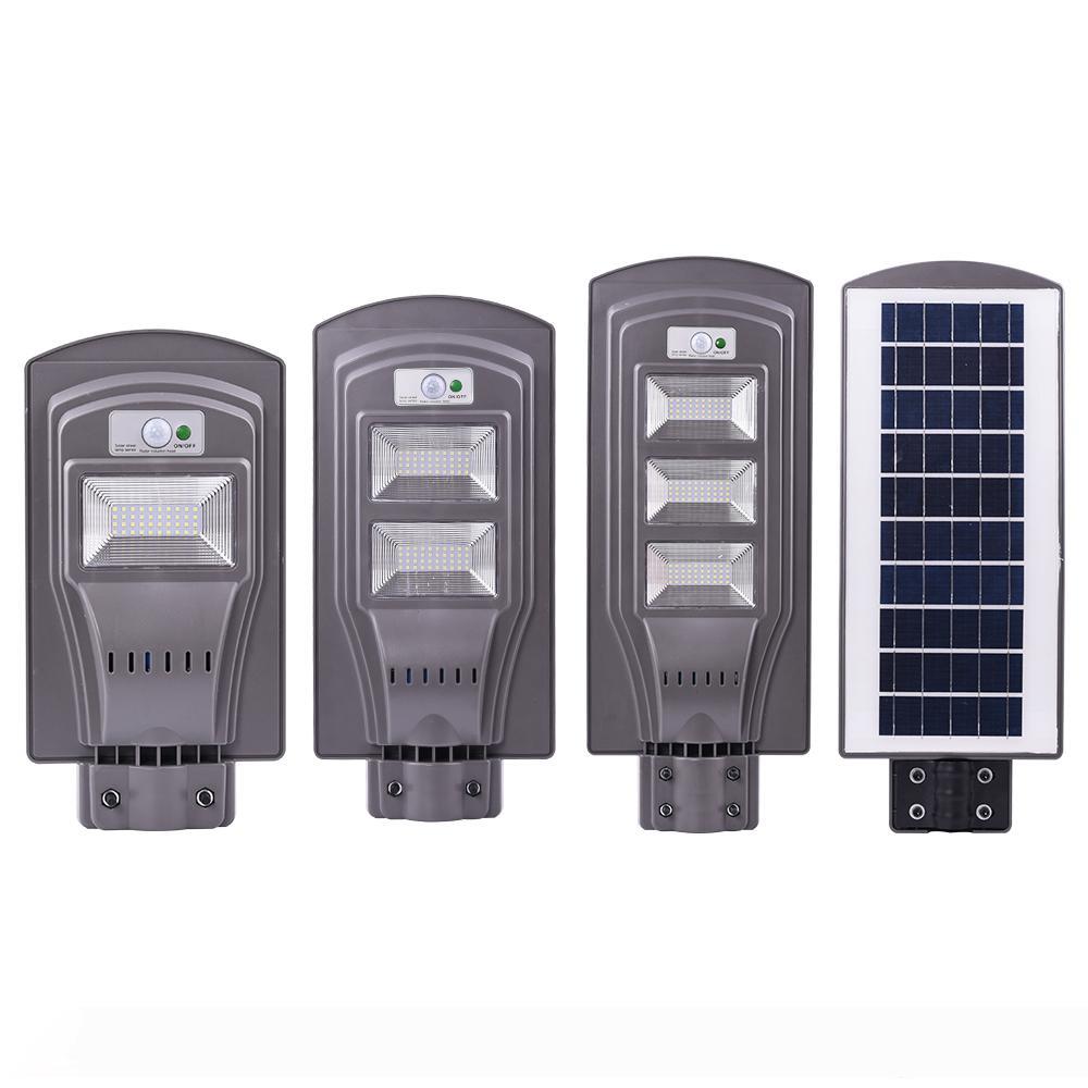 20W-60W solar-powered LED street lamps with PIR motion detection, waterproof IP65 rating, and 50mm mounting interface for outdoor use