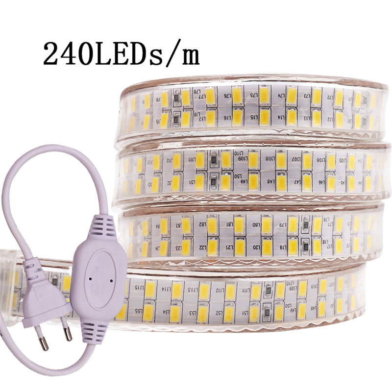 240-LED double-row strip light with SMD 5730 chips, flexible PVC tubing for durability, compatible with 220V/110V for bright illumination
