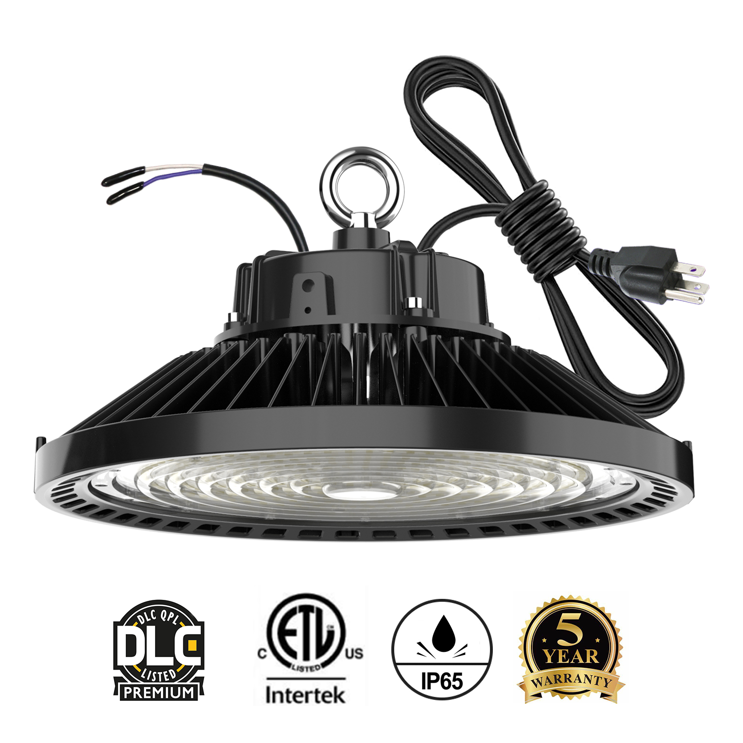 240W UFO LED High Bay Light with 150W-200W output for industrial and warehouse spaces, featuring ETL/DLC certification and 5-year warranty