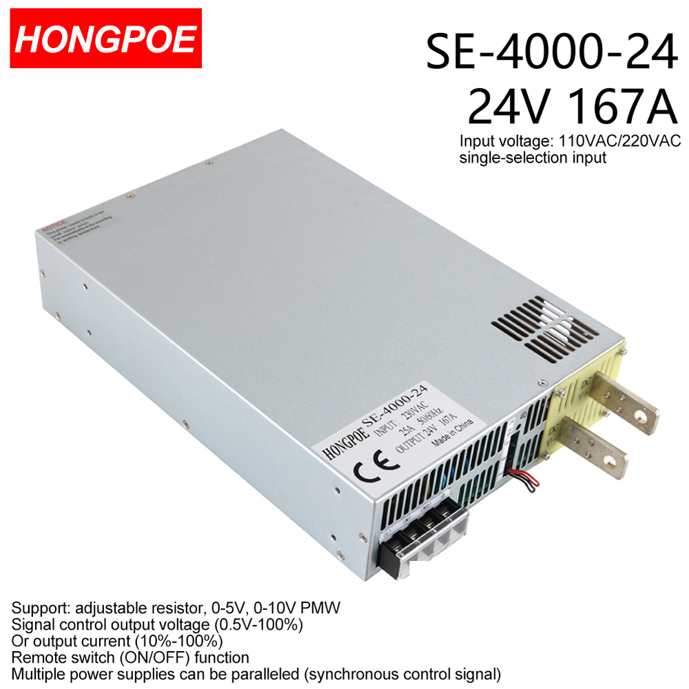 24V 166.5A 4000W CE-certified adjustable AC-DC power supply featuring 0-5V/0-10V PLC/PWM control and 0-24V regulation