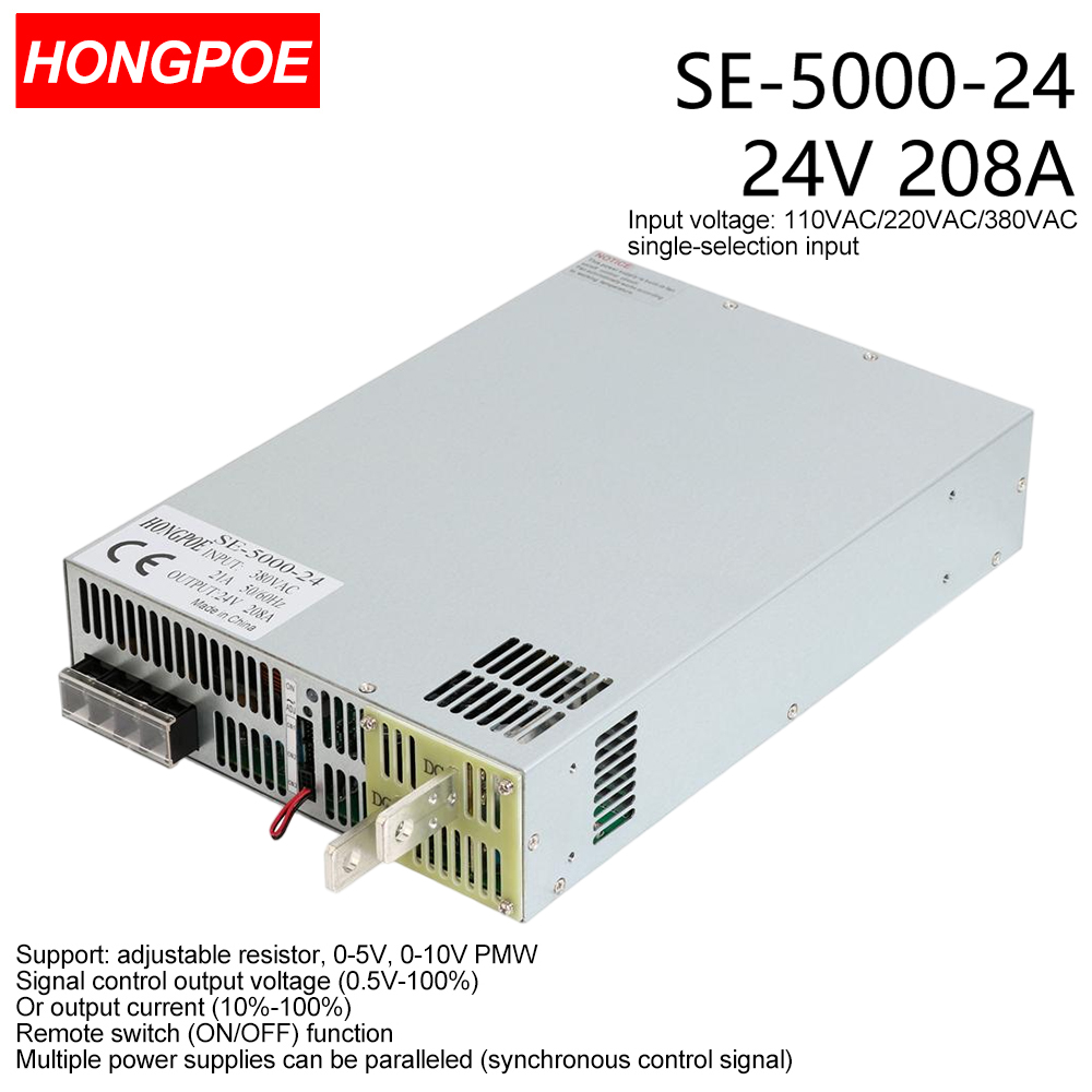 24V 208A 5000W SMPS CE Certified Adjustable AC-DC Power Supply with 0-5V/0-10V PLC/PMW Signal Control, 0-24V Regulator, 24V 208A Power Supply