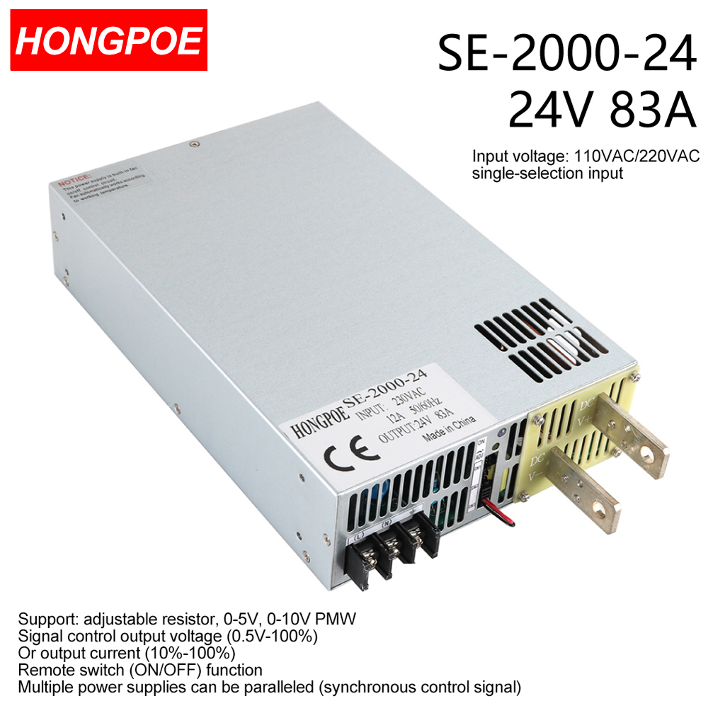 24V 83A 2000W SMPS with CE certification featuring adjustable AC-DC output, 0-5V/0-10V PLC/PWM control, and 0-24V regulation
