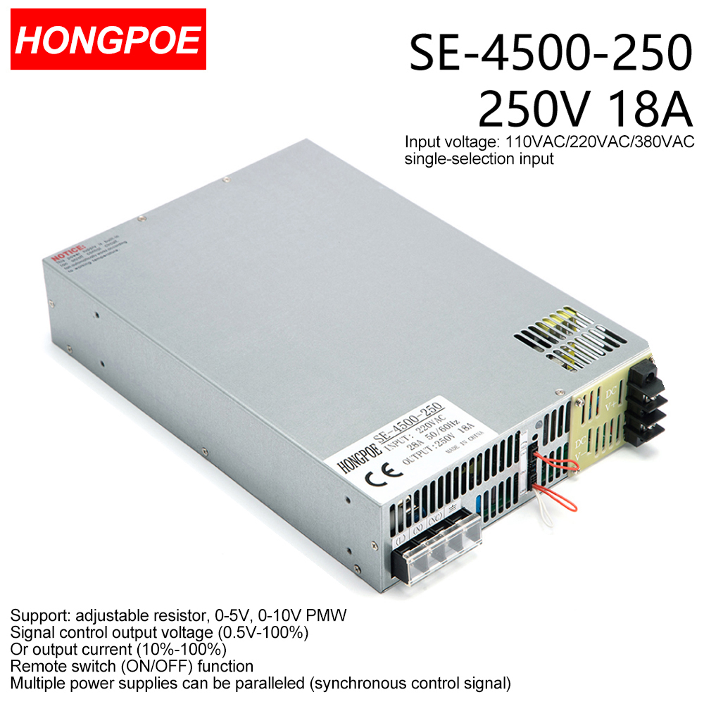 250V 18A 4500W SMPS with CE certification, adjustable AC-DC power supply featuring 0-5V/0-10V PLC/PWM control and 0-250V regulation