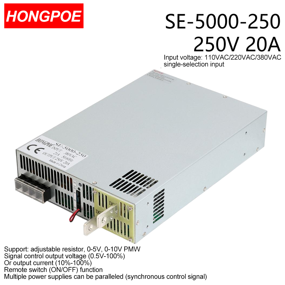 250V 20A 5000W SMPS CE Certified Adjustable AC-DC Power Supply with 0-5V/0-10V PLC/PMW Signal Control, 0-250V Regulator, 250V 20A Power Supply