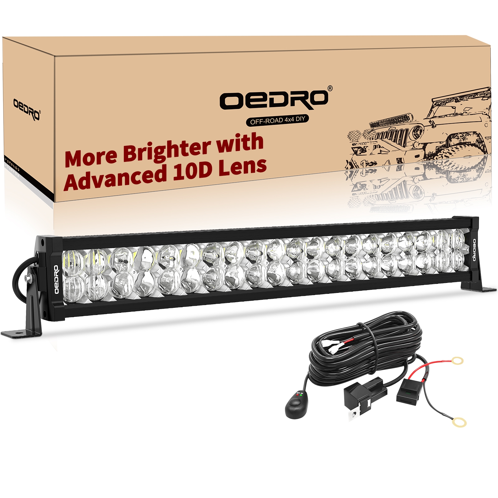 250W 22" LED light bar with 17500 lumens, featuring spot/flood combo beam and wiring harness