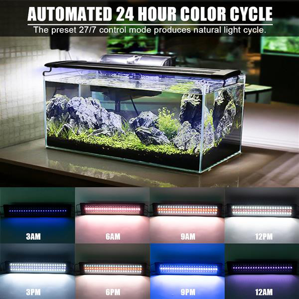 25W 108LED solar-powered grass lamp with remote, emits soft light, measures 28.54 inches in black, fits aquariums 28.54-42.32 inches long