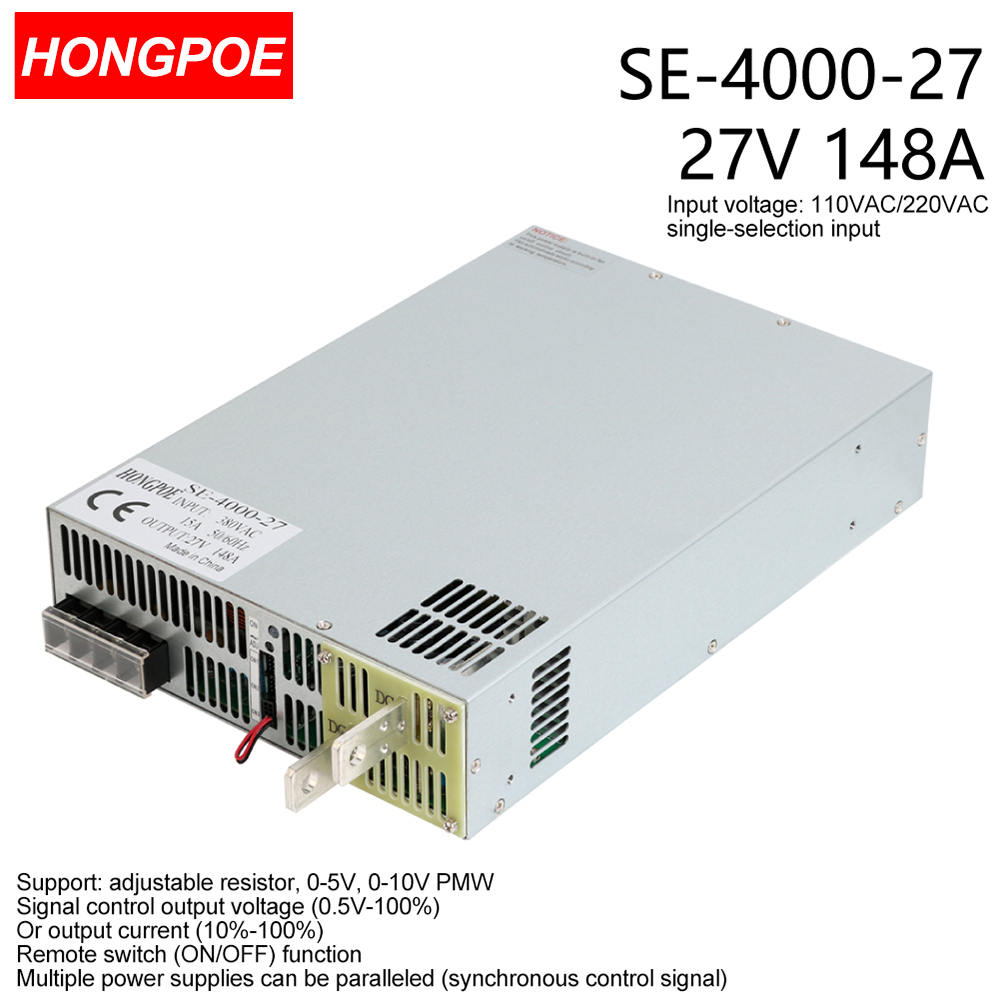 27V 148A 4000W SMPS CE Certified Adjustable AC-DC Power Supply with 0-5V/0-10V PLC/PMW Signal Control, 0-27V Regulator, 27V Power Supply