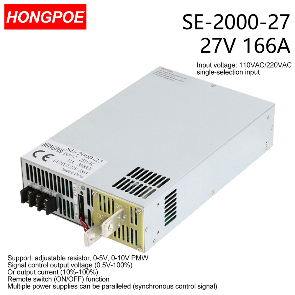 27V 74A 2000W CE-certified adjustable AC-DC power supply featuring 0-5V/0-10V PLC/PWM control and 0-27V regulation