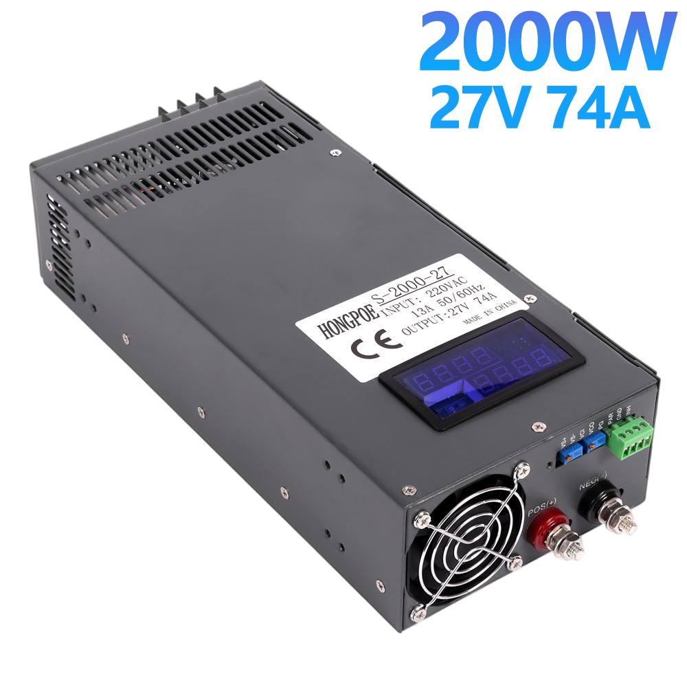 27V 74A adjustable AC-DC power transformer with 0-27V output, compatible with LED strips and monitors, accepts 110V/220V AC input
