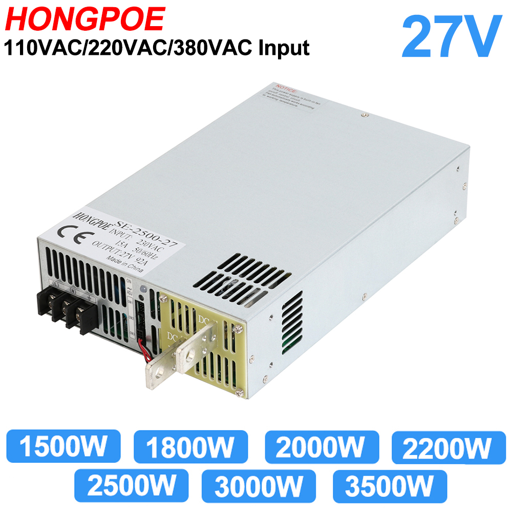 27V adjustable power supply with 0-27V output, compatible with 110V, 220V, and 380V AC inputs, featuring 0-5V analog signal control and available in 1500W or 3500W models
