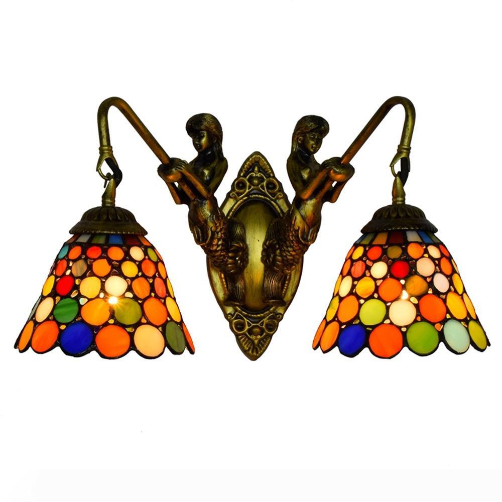 2-Headed Art Wall Lamps in Multicolor Tiffany-Style Retro Design for Living Room, Bedroom, or Porch with Stained Glass Shades