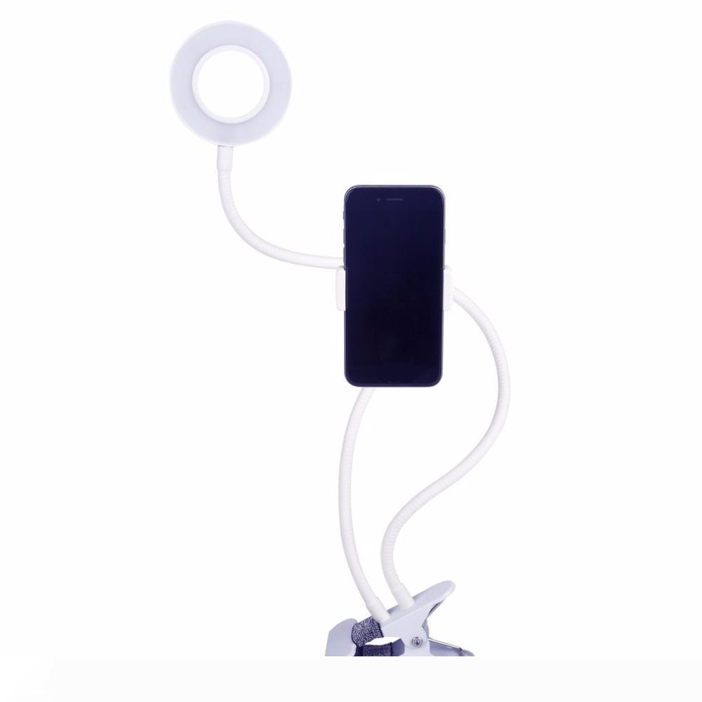 2-in-1 phone holder with LED ring light for live streaming, featuring an adjustable desk lamp and makeup light