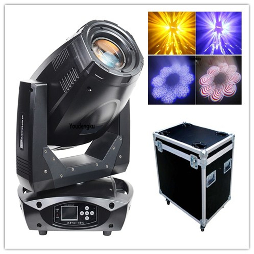2pcs high-lumen 300W LED moving head spotlights with beam, wash, R17 iris, and flight case for stage and party lighting