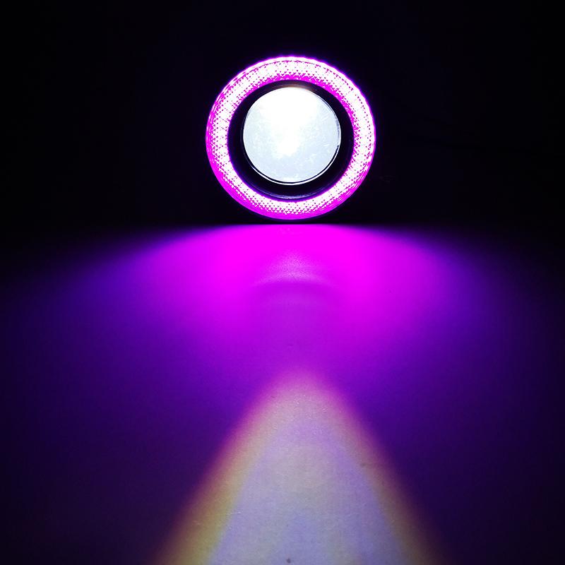 2-piece angel eye fog lamp covers in 2.5", 3.0", 3.5" sizes (64mm, 76mm, 89mm) with universal 12V COB LED DRL lights available in white, blue, pink, and yellow