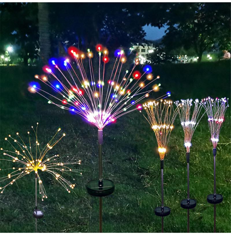 2-Piece solar-powered firework lawn lights with 90/120/150 LED waterproof fairy string for outdoor garden and Christmas decor