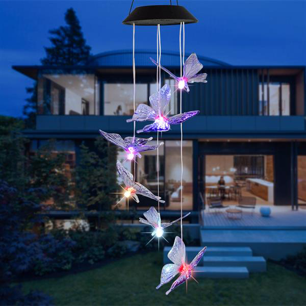 2V Solar lamps with smart light control and decorative butterfly wind chime panels for colorful corridor lighting