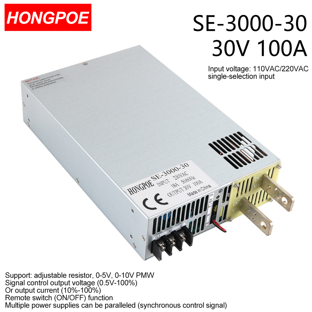 3000W 30V adjustable AC-DC power supply with 0-30V output, 0-5V analog control, 110V/220V input, and 100A capacity (SE-3000-30 model)