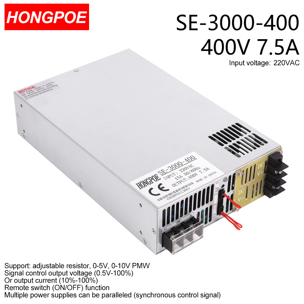3000W 400V Adjustable AC-DC Power Supply with 0-5V Analog Control, 110V/220V Input, 400VDC 7A Output SE-3000-400 Transformer