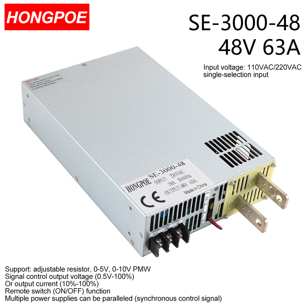 3000W 48V adjustable power supply with 0-48V DC output, 0-5V analog control, 110V/220V AC input, model SE-3000-48, 62A capacity