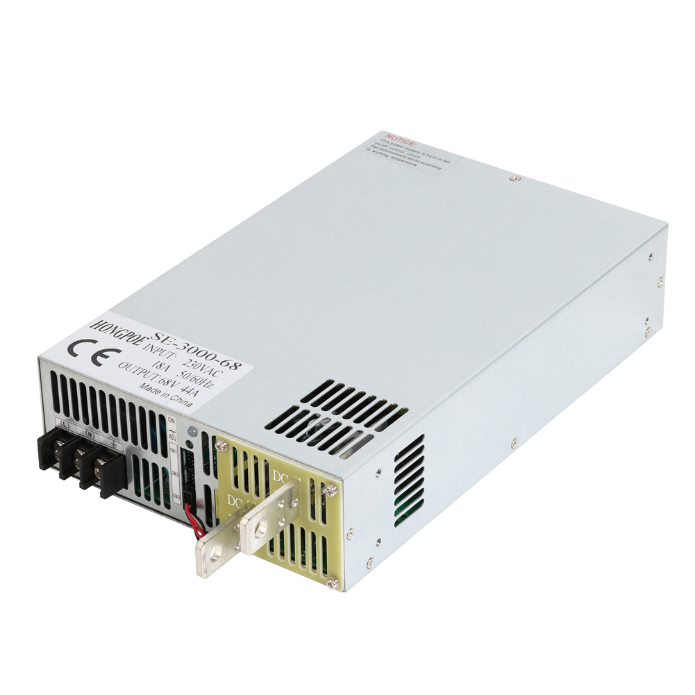 3000W 68V adjustable power supply with 0-68VDC output, AC-DC conversion, 0-5V analog signal control, SE-3000-68 model, 44A current capacity, compatible with 110VAC/220VAC input