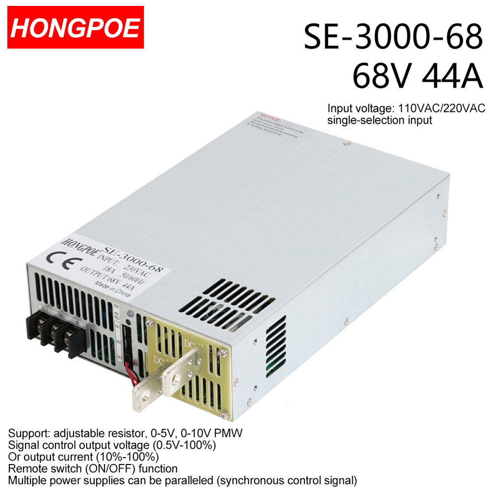 3000W 68V adjustable power supply with 0-68VDC output, AC-DC conversion, 0-5V analog control, 110V/220VAC input, model SE-3000-68 delivering 44A