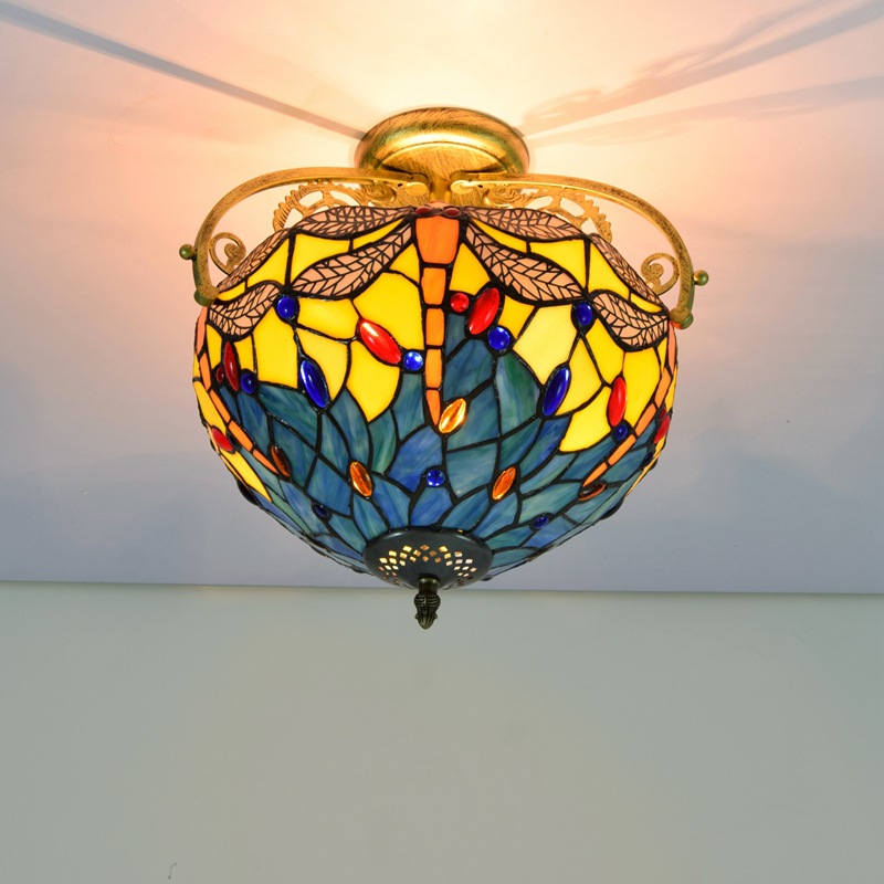 30CM European Retro Yellow Bottom Dragonfly Stained Glass Ceiling Lights Dining Room Bedroom Aisle Corridor Bathroom Glazed Semi-ceiling Lamp TF042