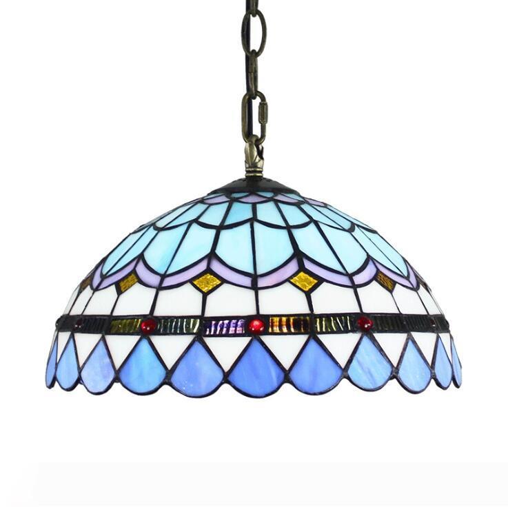 30cm Tiffany-style Mediterranean colorful glass pendant light for dining rooms, bedrooms, or balconies with blue glass and 90-260V voltage