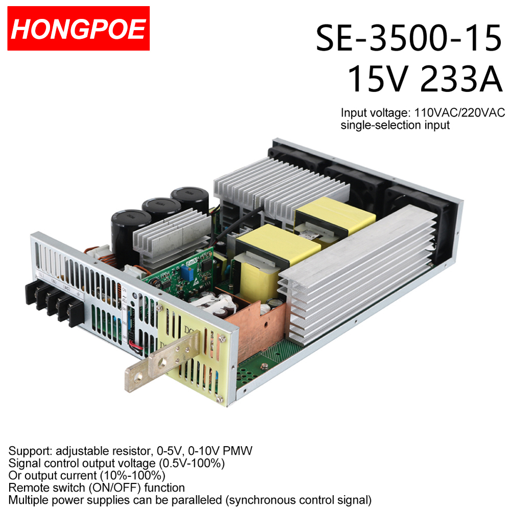 3500W 15V 233A Adjustable AC-DC Power Supply with 0-15V Output and 0-5V Analog Control, Model SE-3500-115, 68VDC Transformer