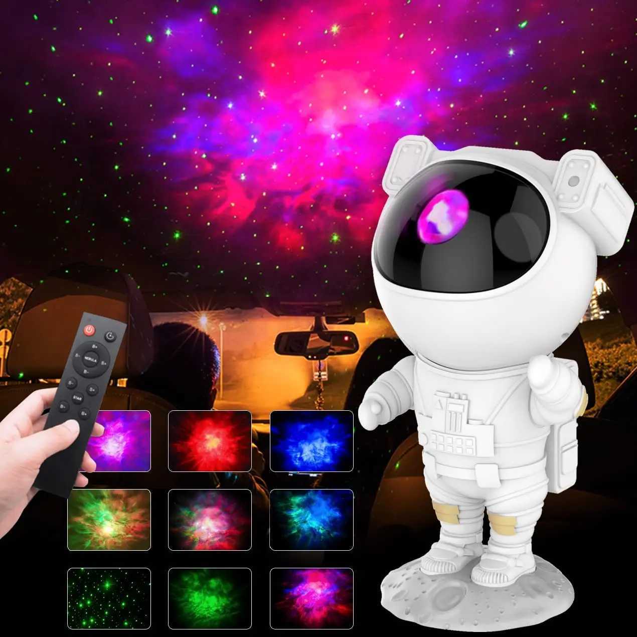 360-degree adjustable astronaut-themed galaxy projector night light with remote for kids and adults