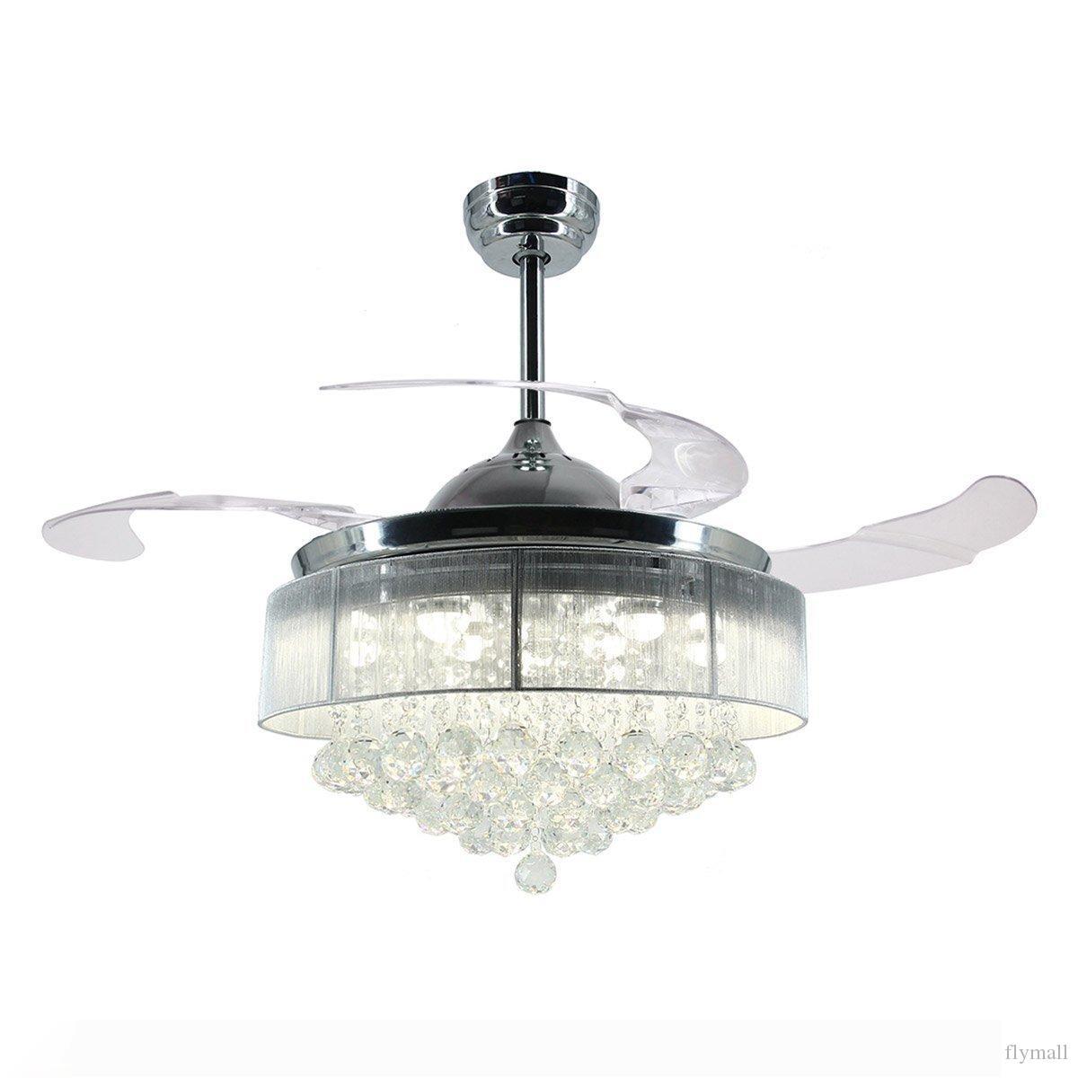 36-42 Inch Contemporary LED Ceiling Fan with Retractable Blades and Crystal Chandelier Design, Remote Controlled Lighting Fixture