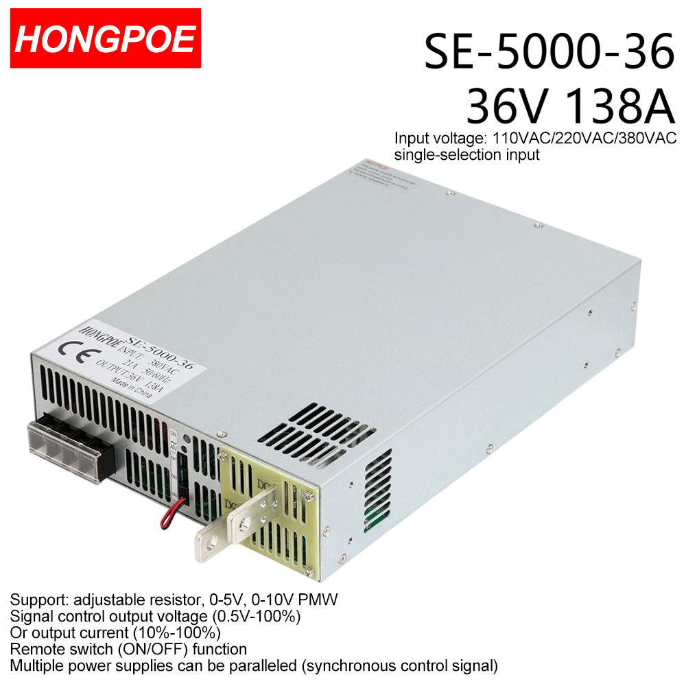 36V 138.5A 5000W SMPS with CE certification, adjustable AC-DC power supply featuring 0-5V/0-10V PLC/PWM control and 0-36V regulation