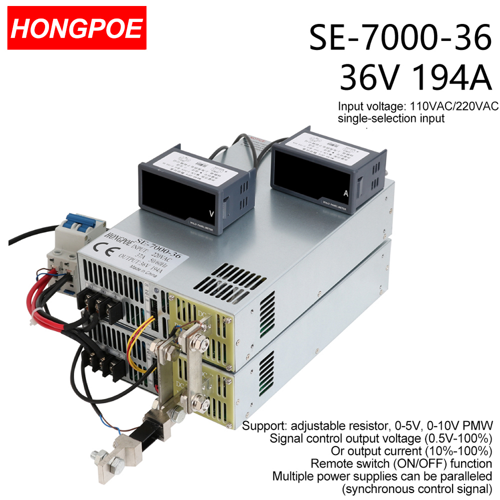36V 194A 7000W SMPS CE certified adjustable AC-DC power supply with 0-5V/0-10V PLC/PWM signal control and 0-36V voltage regulation