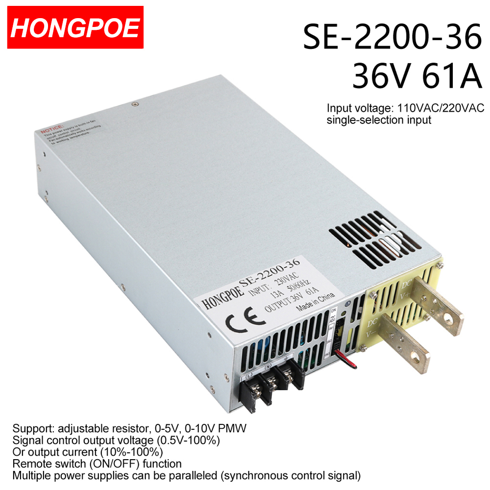 36V 69A 2500W SMPS with CE certification, adjustable AC-DC power supply featuring 0-5V/0-10V PLC/PWM control and 0-36V regulation