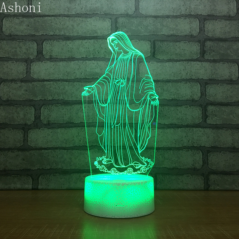 3D acrylic LED night light featuring the Blessed Virgin Mary with touch-activated 7-color changing function, ideal for desks, parties, and Christmas gifts