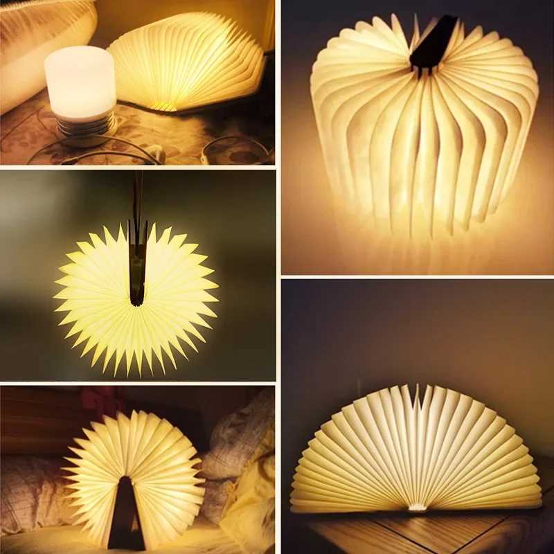 3D folding creative LED night light with RGB color, USB rechargeable wooden book lamp for bedroom, desk, or kids' birthday gifts