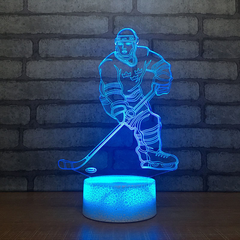 3D LED hockey player lamp with 7 color-changing modes for bedroom lighting, USB-powered night light, ideal sports fan decor gift
