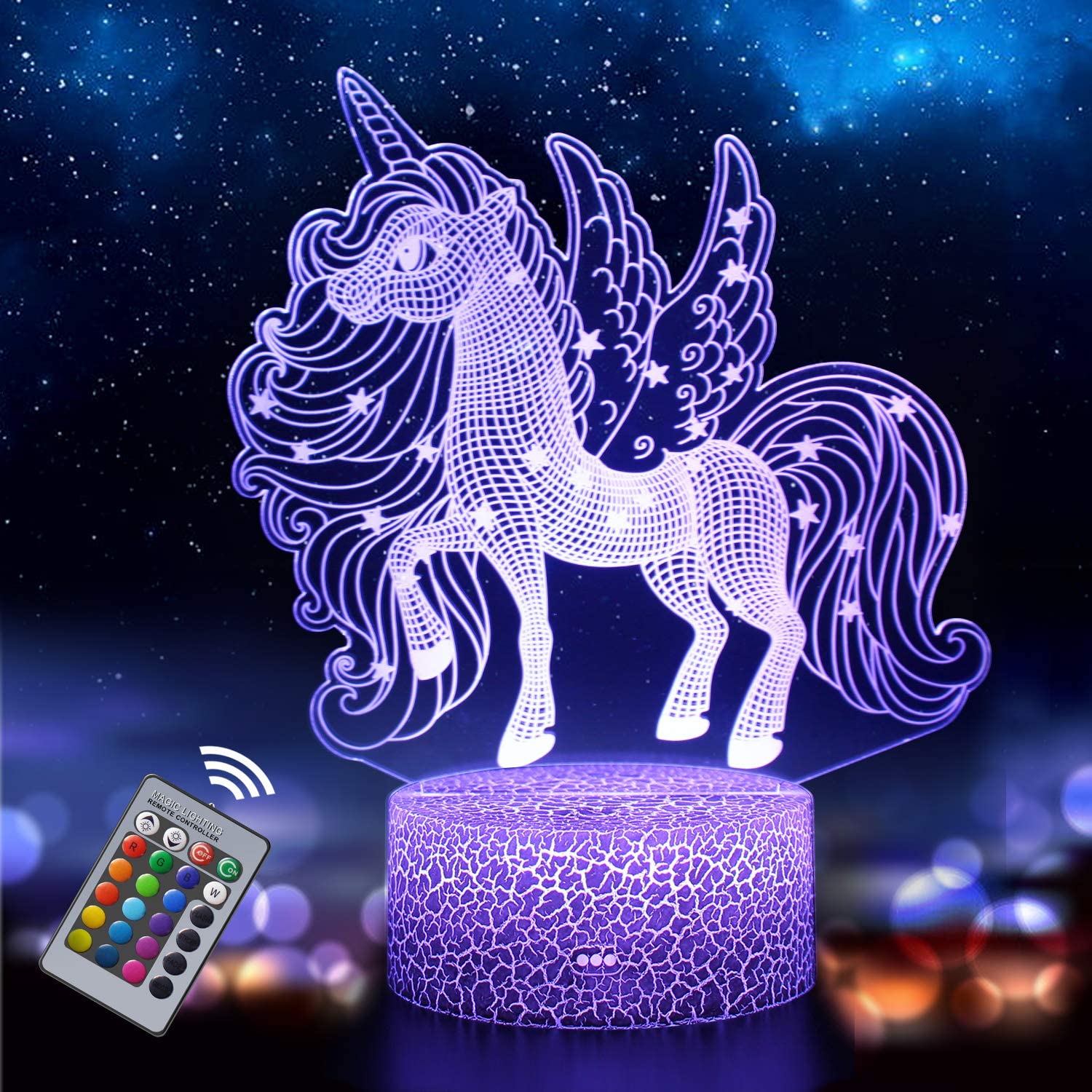 3D LED illusion night light with 16 color-changing unicorn design, perfect for kids and couples as a Valentine's or birthday gift, includes remote control