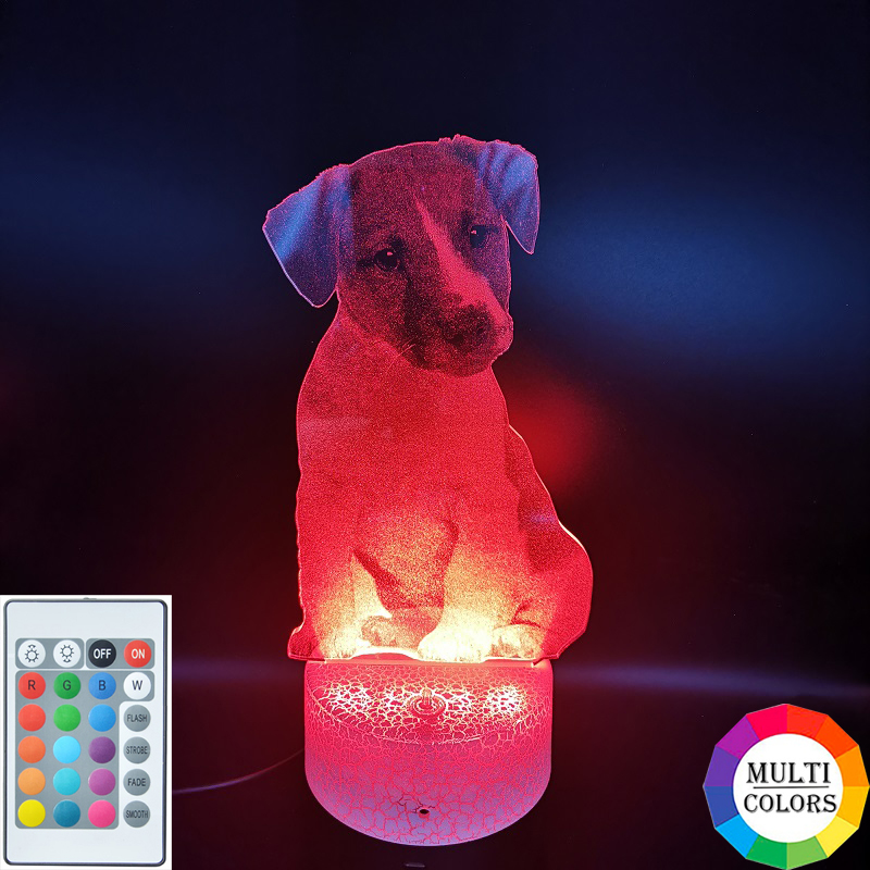 3D LED night light featuring a Jack Russell puppy design, acrylic pet dog lamp with lava base and colorful illusion effects, plus Bluetooth speaker for home decor