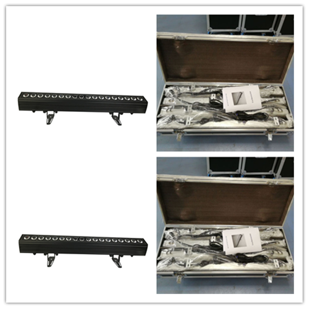 4 compact 18x18W DMX RGBWA UV slim wall washer bars with flight cases, ideal for indoor DJ lighting setups
