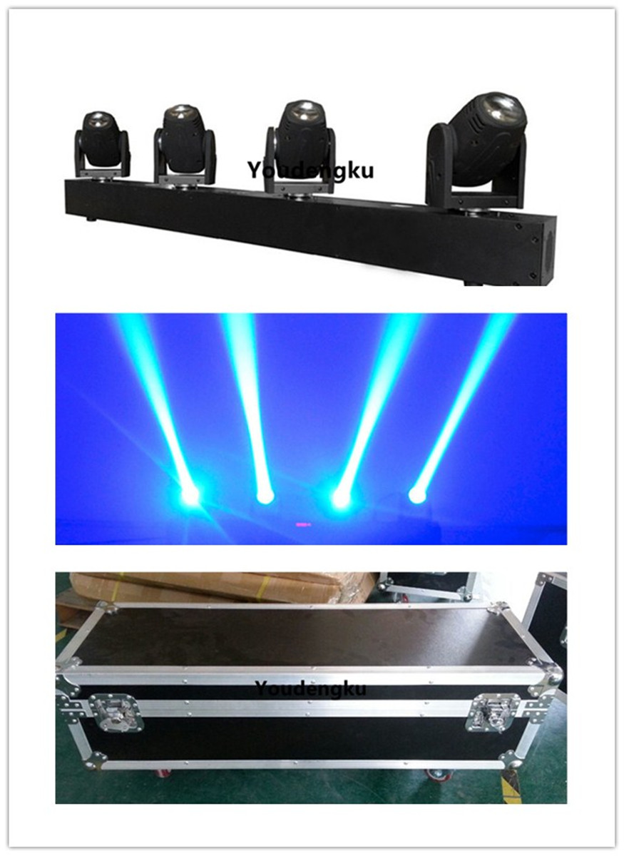 4 LED moving heads with flight case, 4 beam fixtures, and 4 compact 10W RGBW pencil beam lights