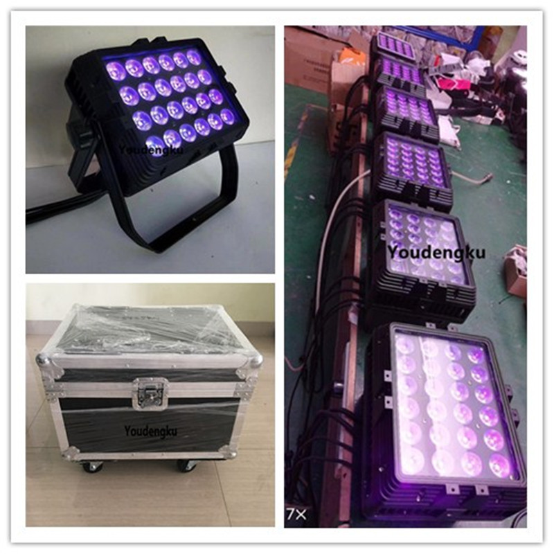 4 outdoor LED projectors with flight cases featuring RGBWA UV 6IN1 multi-color DMX 512 control, 24x 18W LED stage floodlights for city color washing